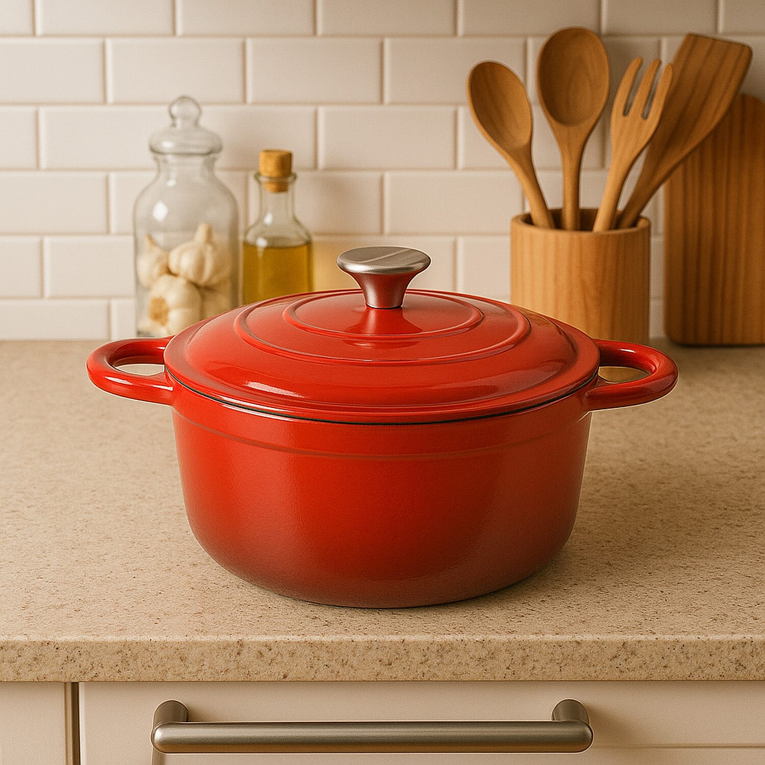 Cast Iron Pot with Lid - 4L Capacity (24x32x10.7cm) - Red
