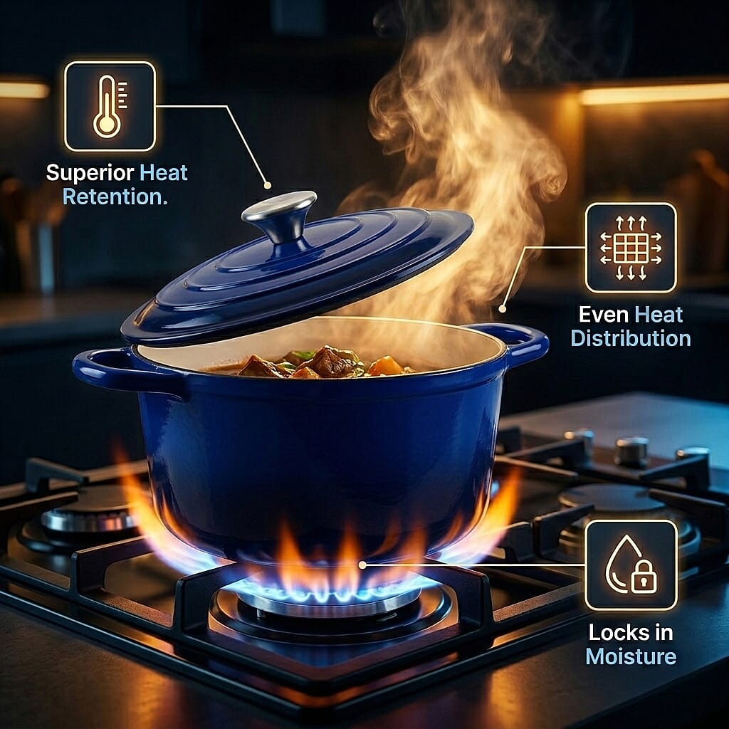 Cast Iron Round Casserole with Lid - 4L Capacity (24x32x10.7cm) - Dark Blue