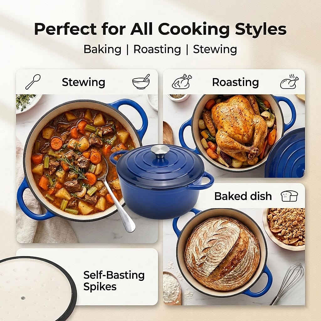 Cast Iron Round Casserole with Lid - 4L Capacity (24x32x10.7cm) - Dark Blue