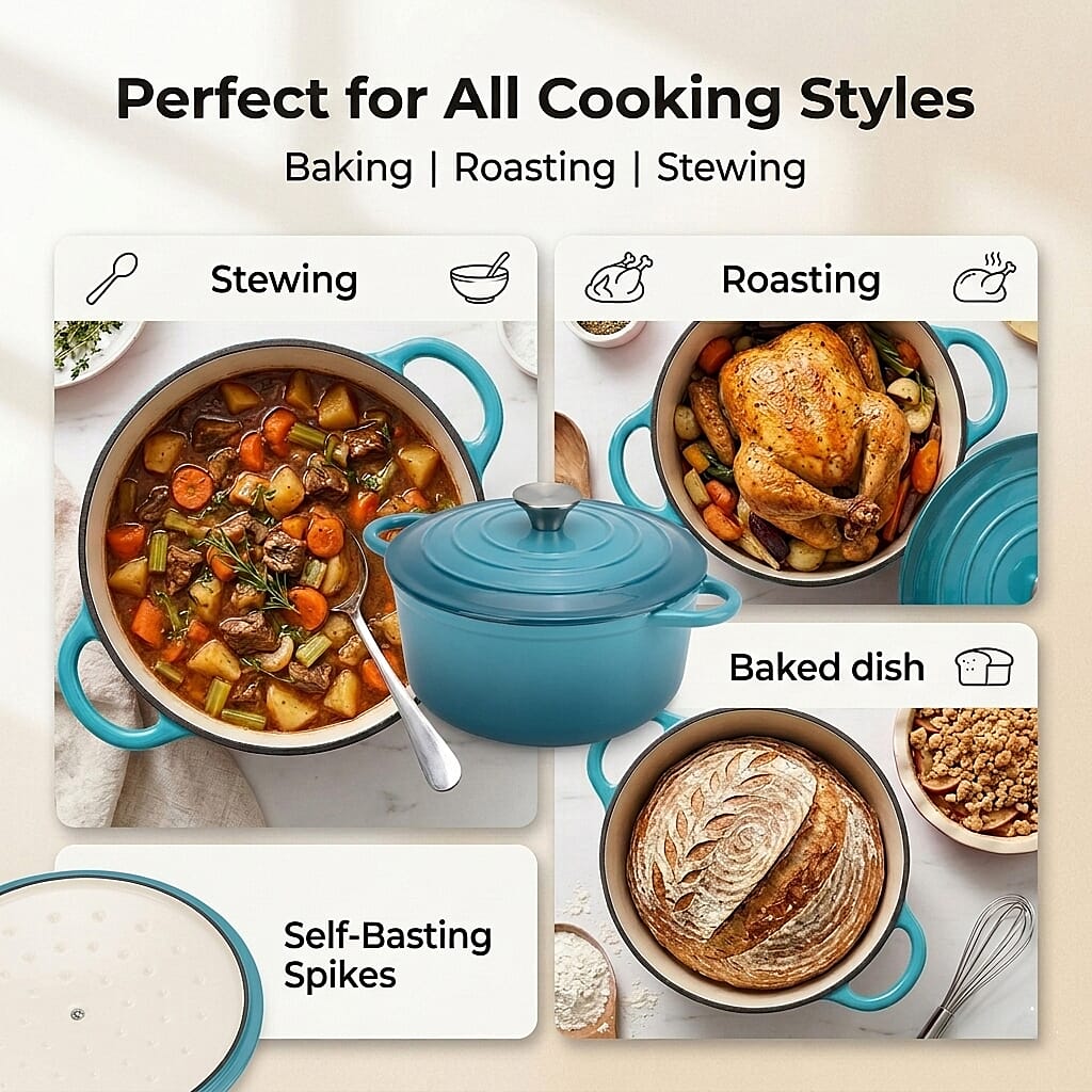 Cast Iron Round Casserole with Lid - 4L Capacity (24x32x10.7cm) - Teal