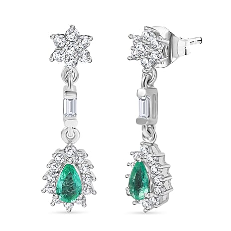 AAA Gemfields Emerald & White Zircon Dangling Earring with Push Back in Rhodium Overlay Sterling Silver 1.06 Ct.