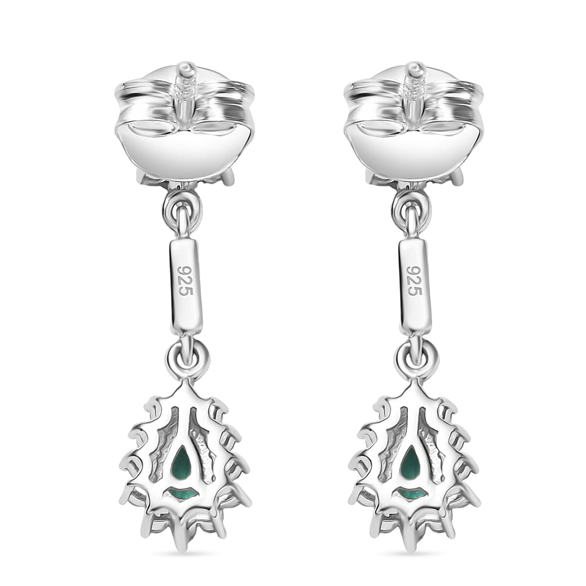 AAA Gemfields Emerald & White Zircon Dangling Earring with Push Back in Rhodium Overlay Sterling Silver 1.06 Ct. AAA Gemfields Emerald & White Zircon Dangling Earring with Push Back in Rhodium Overlay Sterling Silver 1.06 Ct.