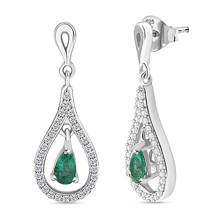 AAA Gemfield Emerald & White Zircon Solitaire Stud Push Post Earring in Rhodium Overlay Sterling Silver