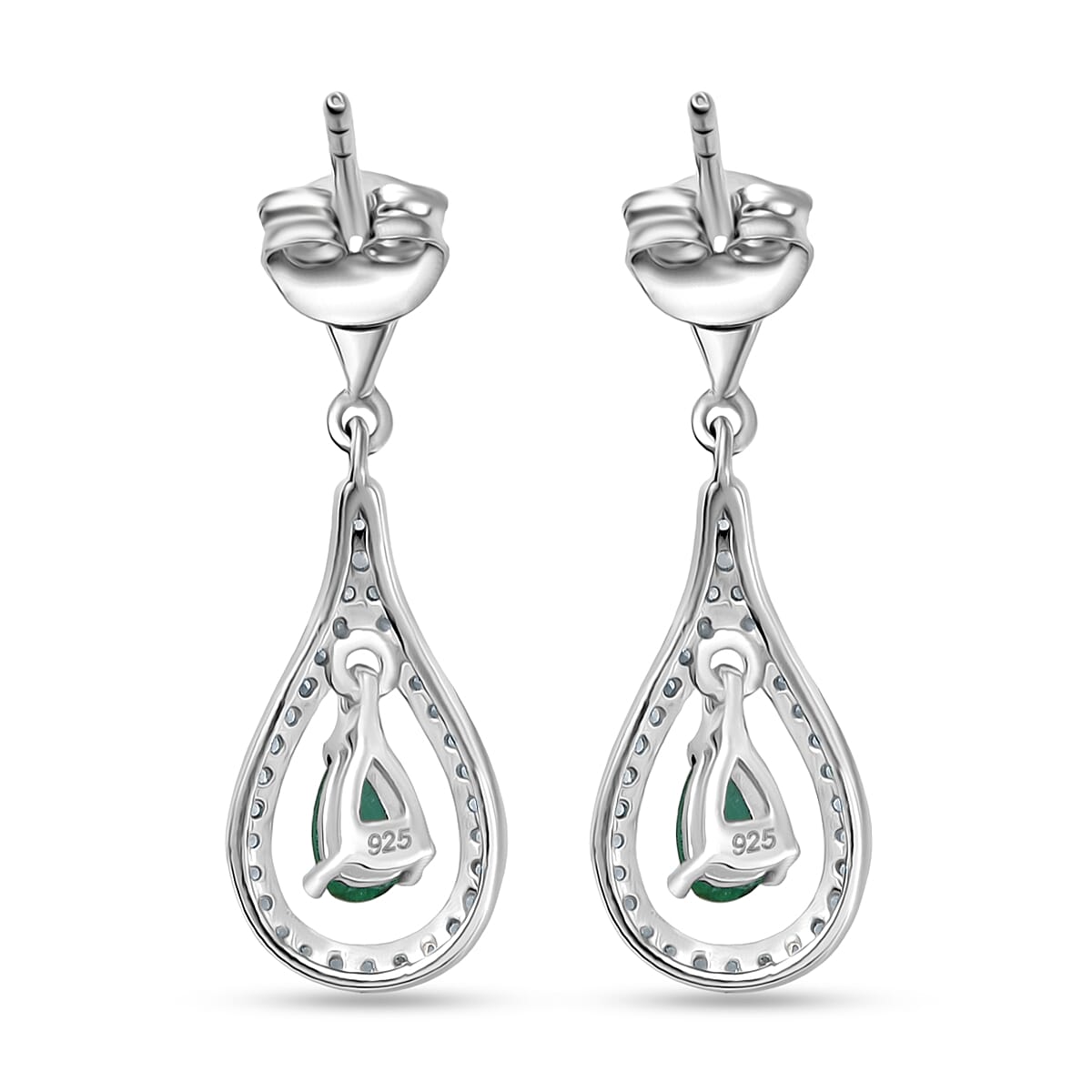AAA Gemfield Emerald & White Zircon Solitaire Stud Push Post Earring in Rhodium Overlay Sterling Silver AAA Gemfield Emerald & White Zircon Solitaire Stud Push Post Earring in Rhodium Overlay Sterling Silver