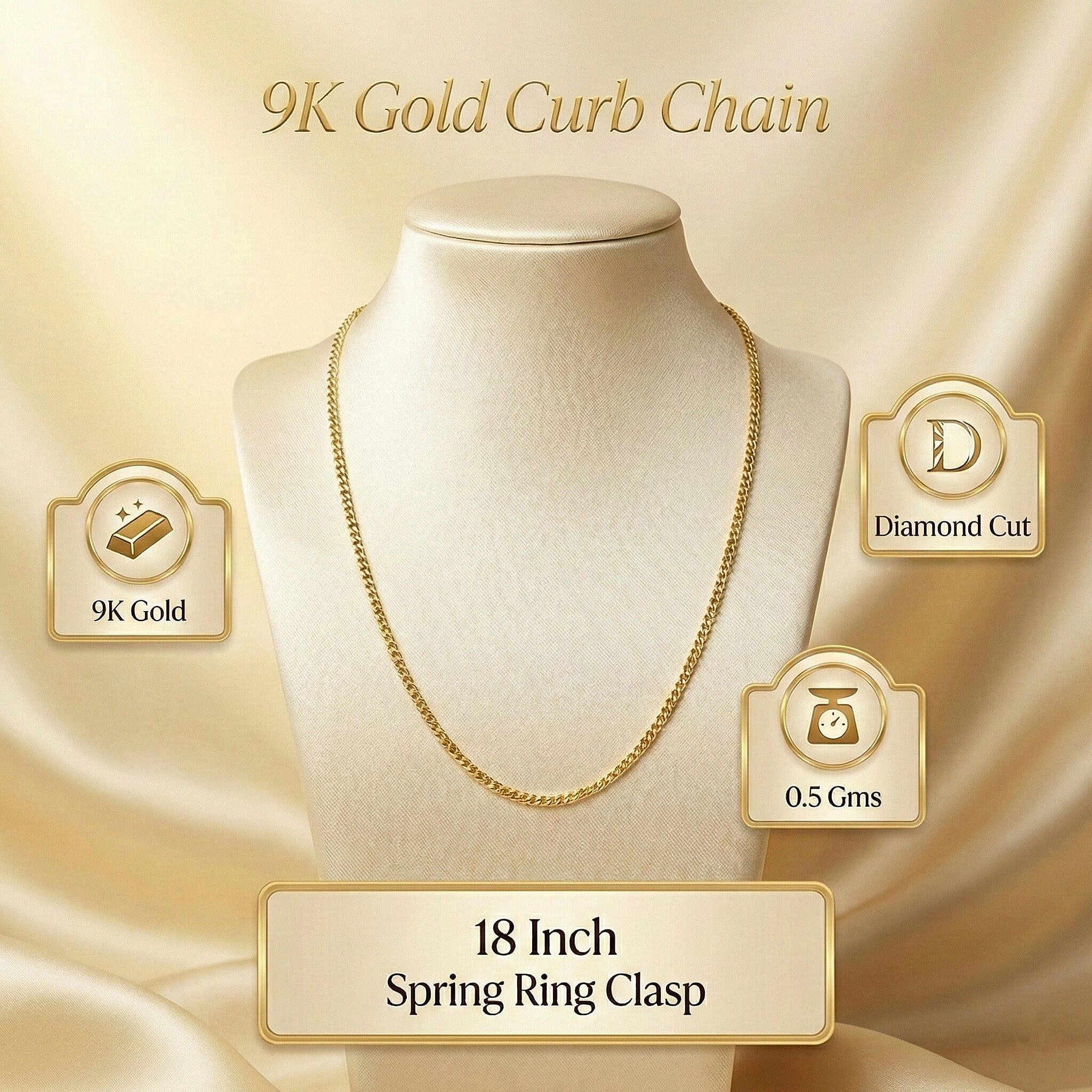 9K Yellow Gold Chain (Size - 18), Gold Wt.0.5 Gms