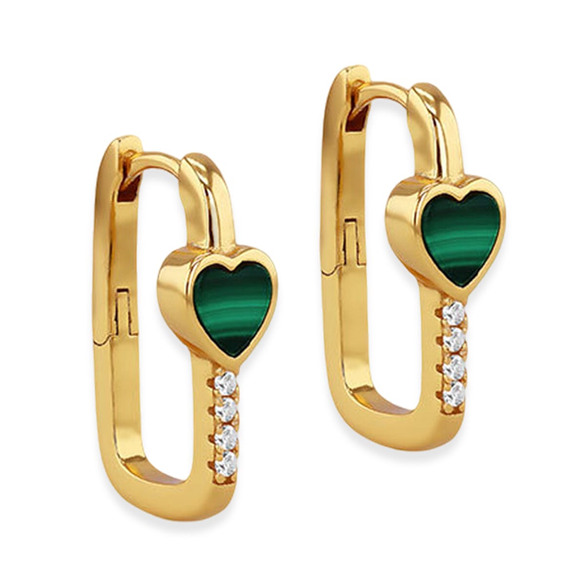 Designer Inspired - Heart Shape Malachite Hoop Earrings in Yellow Gold Plated Sterling Silver