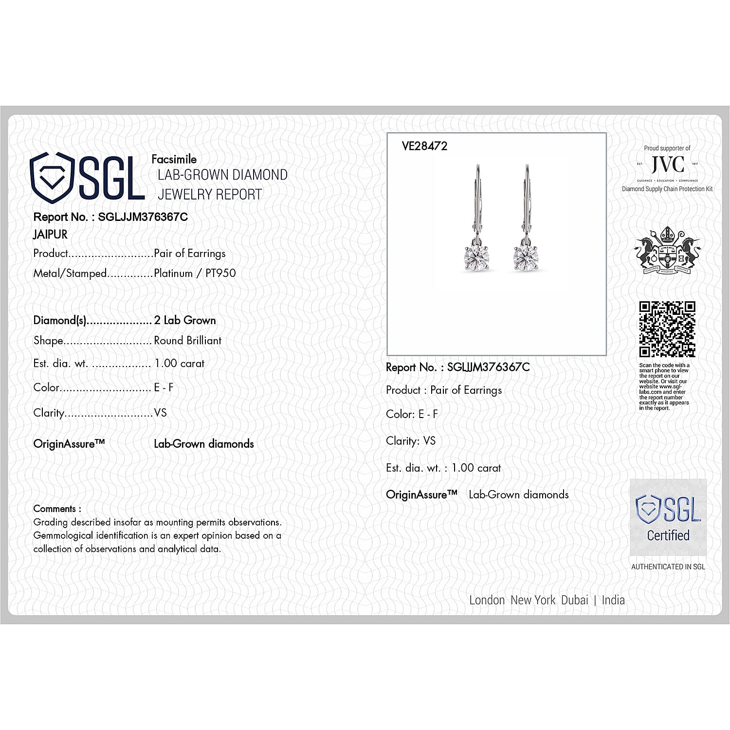 Luxuriant 950 Platinum SGL Certified Lab Grown Diamond (VS-EF) Drop Earring with Lever Back 1.00 Ct, Platinum Wt. 2.19 Gms.