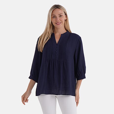 La Marey Pintuck Button Blouse (Size 16 to 18) - Navy