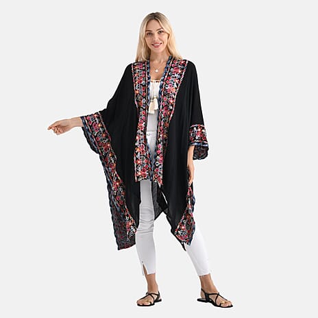- Maisi Flower Pattern Embroidered Tie Front Kimono (One Size) - Black - Red
