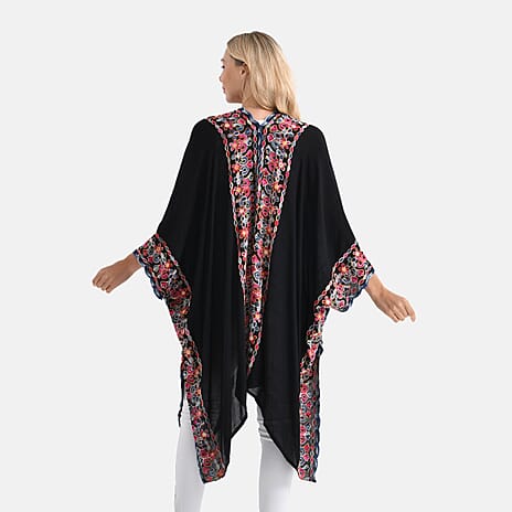 - Maisi Flower Pattern Embroidered Tie Front Kimono (One Size) - Black - Red