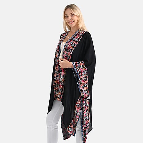 - Maisi Flower Pattern Embroidered Tie Front Kimono (One Size) - Black - Red