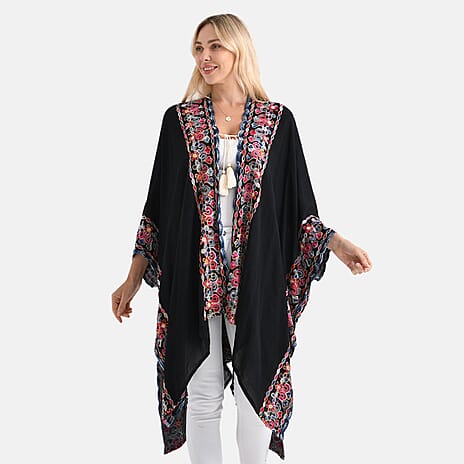 - Maisi Flower Pattern Embroidered Tie Front Kimono (One Size) - Black - Red