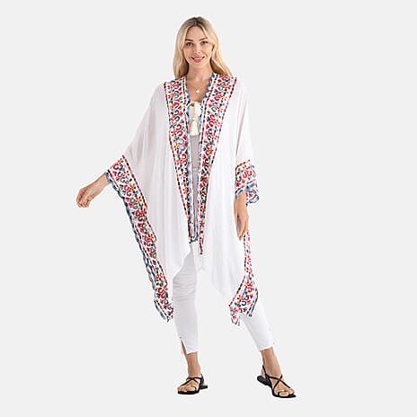 & Maisi Embroidery Shawl (Size - One Size) - White & Red