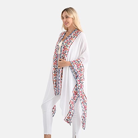 - Maisi Embroidered Tie Front Kimono (One Size) - White - Red
