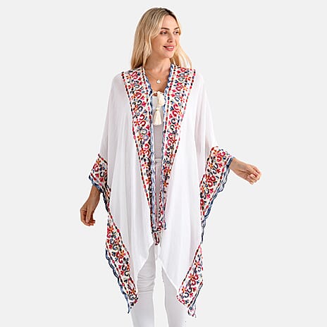 - Maisi Embroidered Tie Front Kimono (One Size) - White - Red