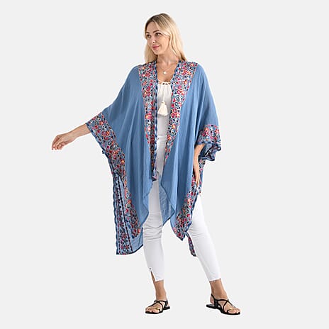 - Maisi Flower Pattern Embroidered Tie Front Kimono (One Size) - Blue - Red