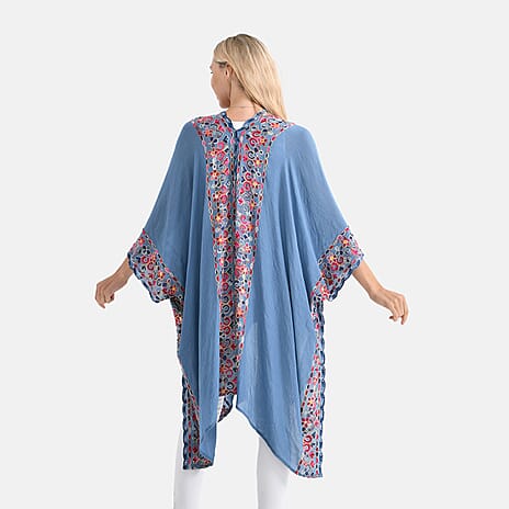 - Maisi Flower Pattern Embroidered Tie Front Kimono (One Size) - Blue - Red