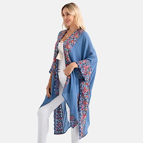- Maisi Flower Pattern Embroidered Tie Front Kimono (One Size) - Blue - Red