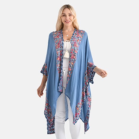 - Maisi Flower Pattern Embroidered Tie Front Kimono (One Size) - Blue - Red