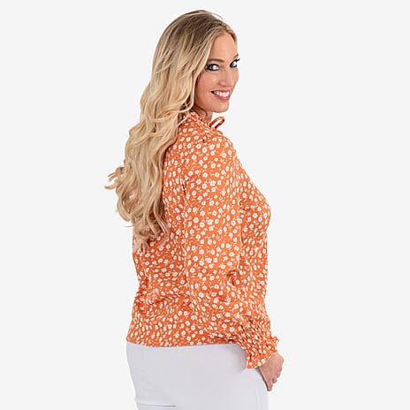 Frill Collar Long Sleeve Printed Top (Size - 8) - Orange