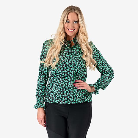 Frill Collar Long Sleeve Printed Top (Size - 8) - Green