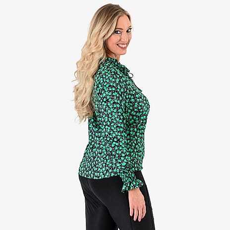 Frill Collar Long Sleeve Printed Top (Size - 14) - Green