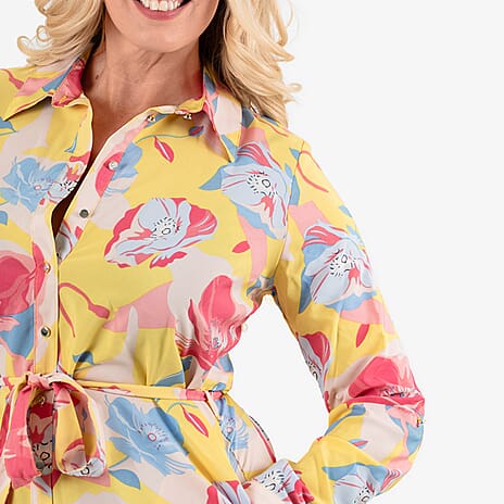 Closeout Deal - Floral Printed Belted Dress (Size - 14) - Yellow