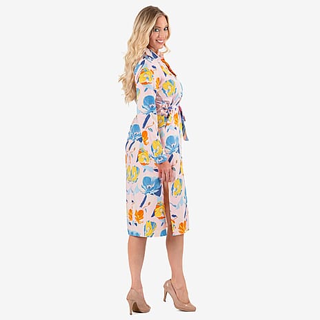 Closeout Deal - Floral Printed Belted Dress (Size - 14) - Blue