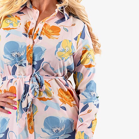 Closeout Deal - Floral Printed Belted Dress (Size - 14) - Blue