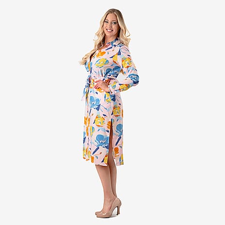 Closeout Deal - Floral Printed Belted Dress (Size - 16) - Blue