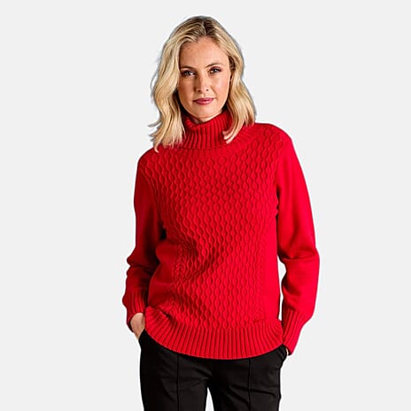Emreco Chunky Cable Front Roll Neck Jumper (Size L) - Red