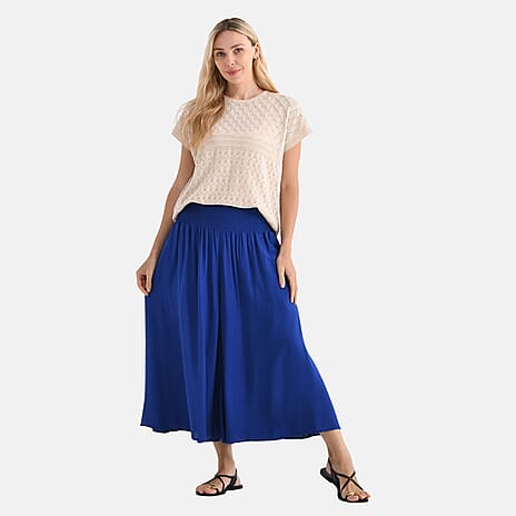Tamsy Womens Viscose Wide Leg Smocked Waist Culottes (One Size Curve - 20 to 26 - 20inch Inside Leg) - Blue