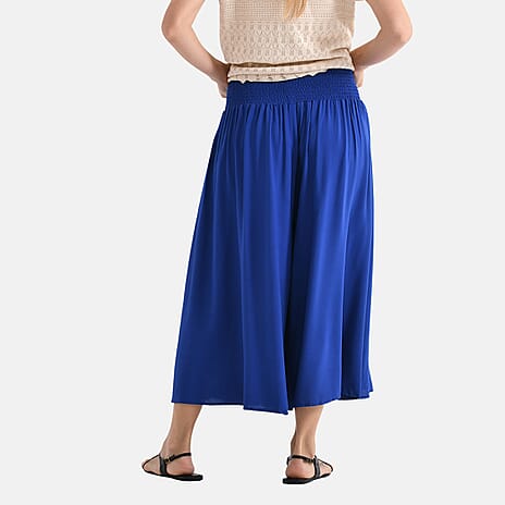 Tamsy Womens Viscose Wide Leg Smocked Waist Culottes (One Size Curve - 20 to 26 - 20inch Inside Leg) - Blue