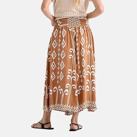 Tamsy Womens Viscose Tribal Pattern Wide Leg Smocked Waist Culottes (One Size, 20inch Inside leg) - Brown
