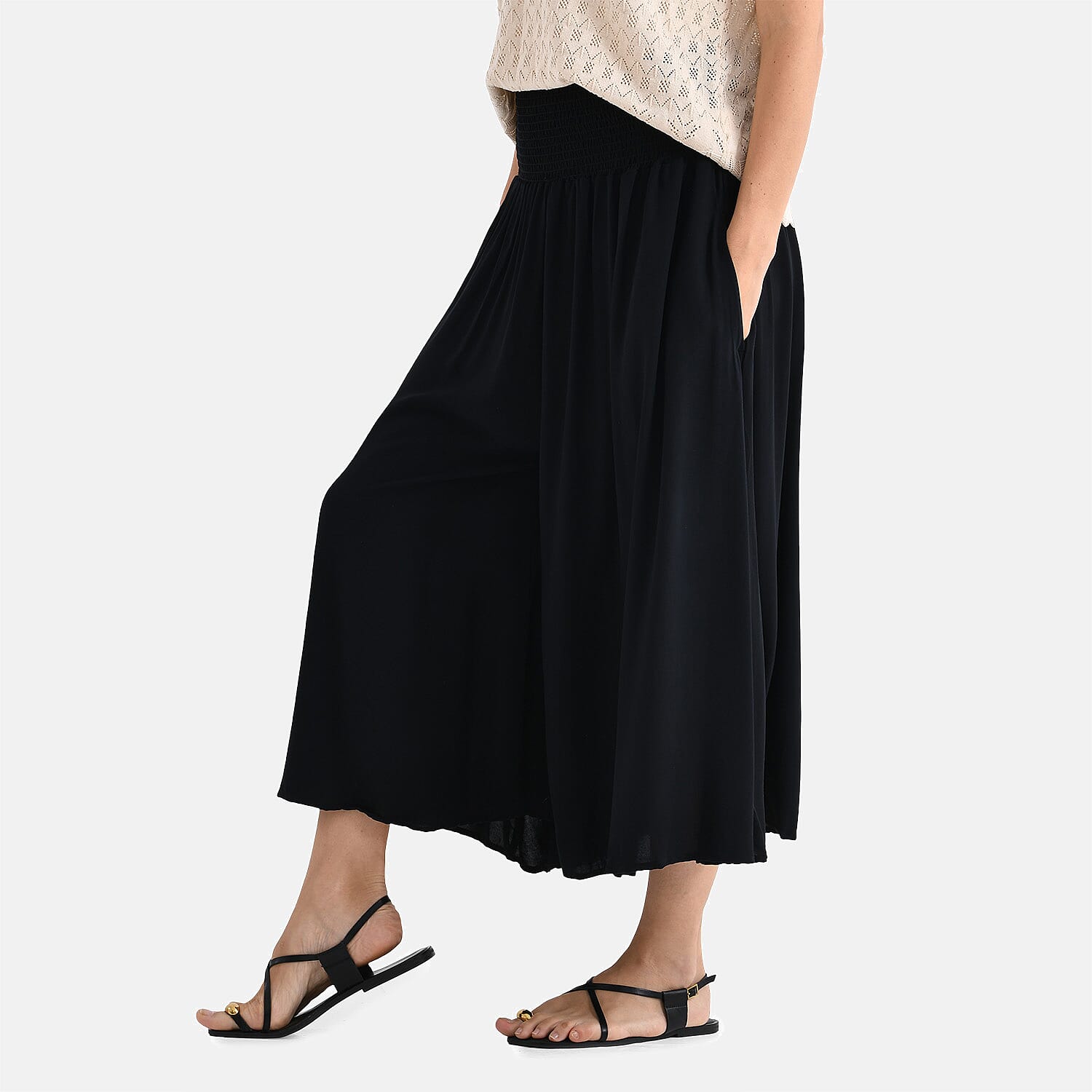 100% Viscose Tamsy Relaxed Fit Smocked Waist Culottes (One Size Curve) - Black