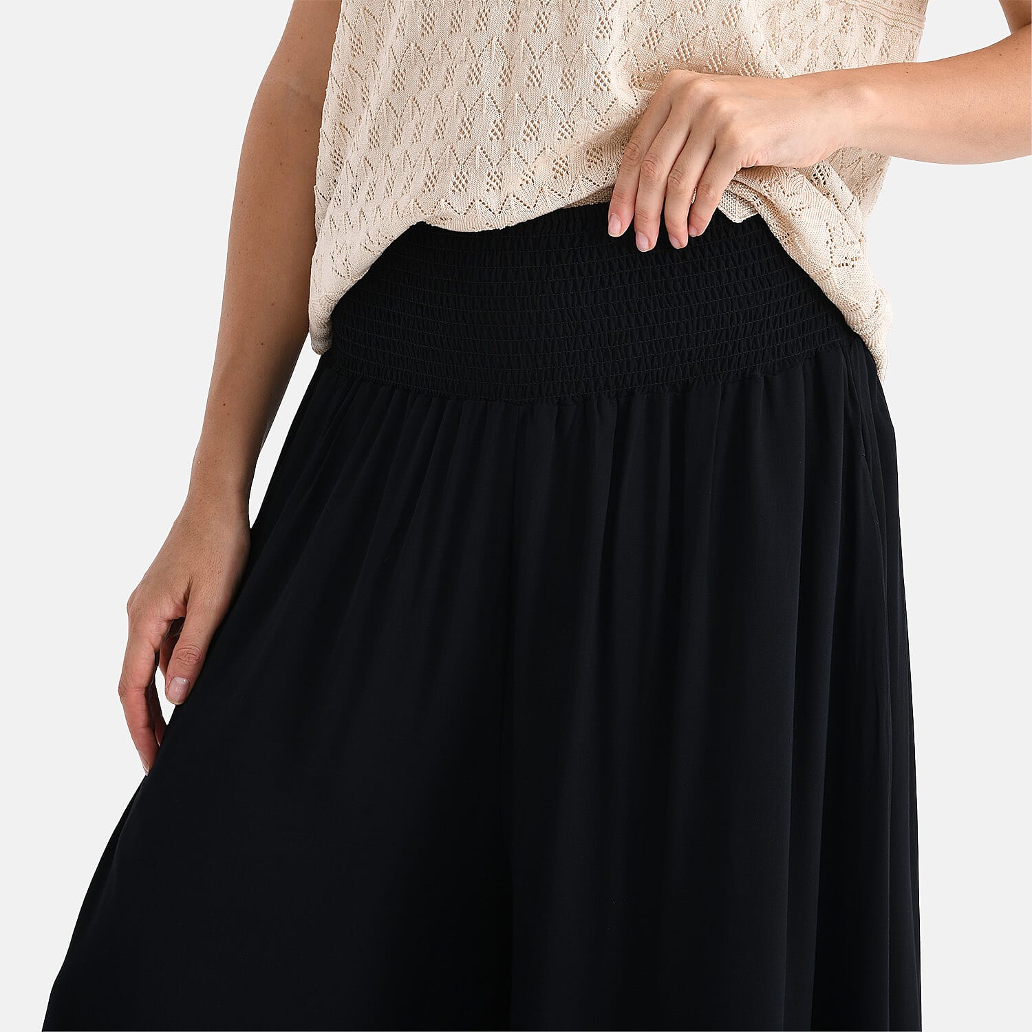 100% Viscose Tamsy Relaxed Fit Smocked Waist Culottes (One Size Curve) - Black