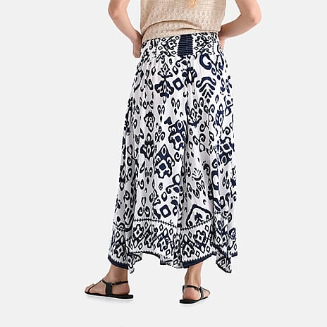 100% Viscose Tamsy Relaxed Fit Bohemian Print Smocked Waist Culottes (One Size) - White & Blue