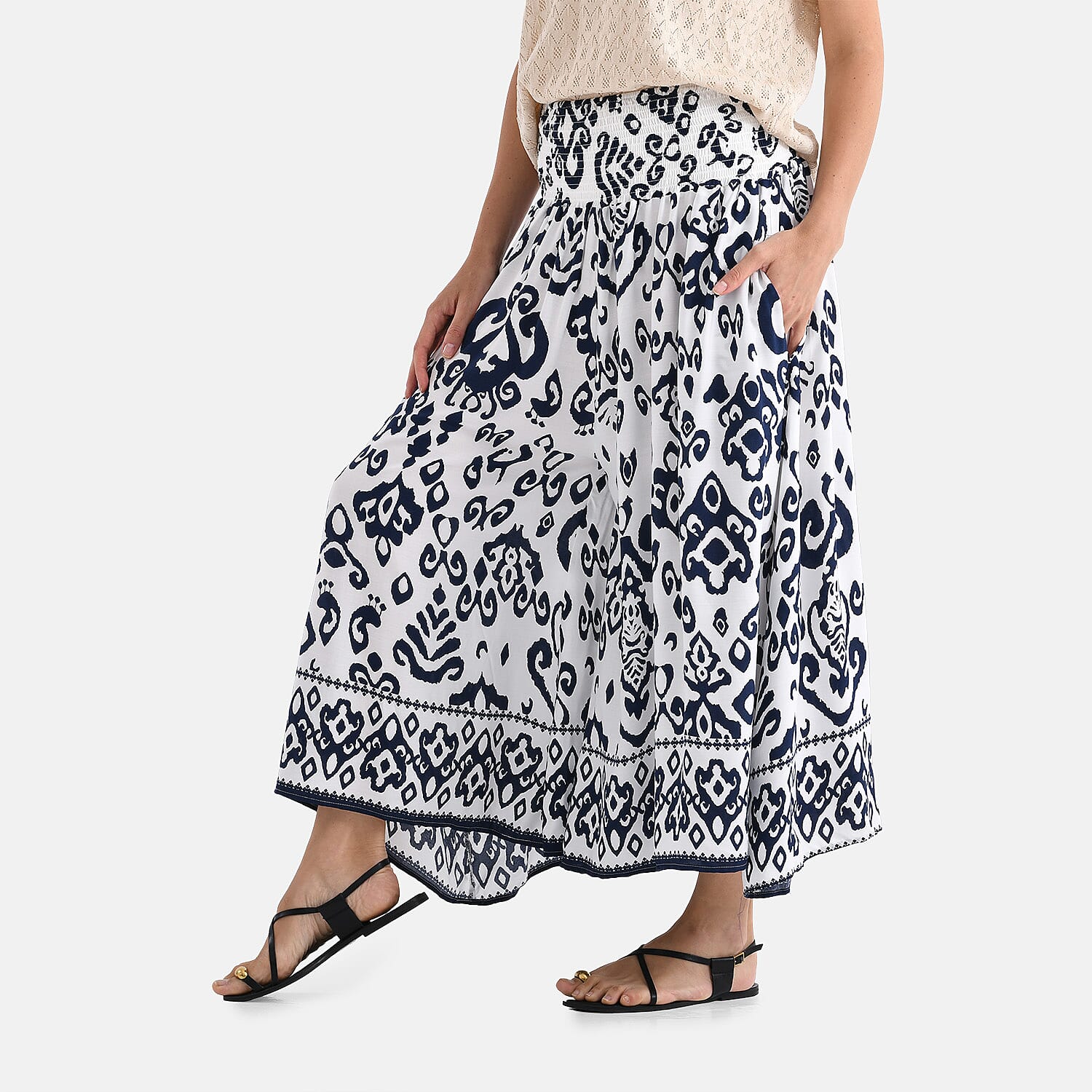 Tamsy Relaxed Fit Smocked Waist Culottes (One Size, 20inch Inside leg) 