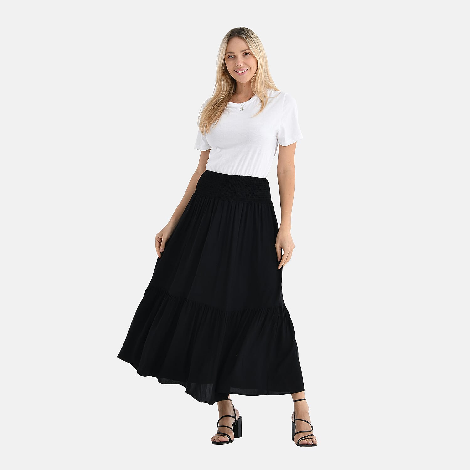Tamsy 100% Viscose Elastic Waist Summer Maxi Skirts (One Size) - Black