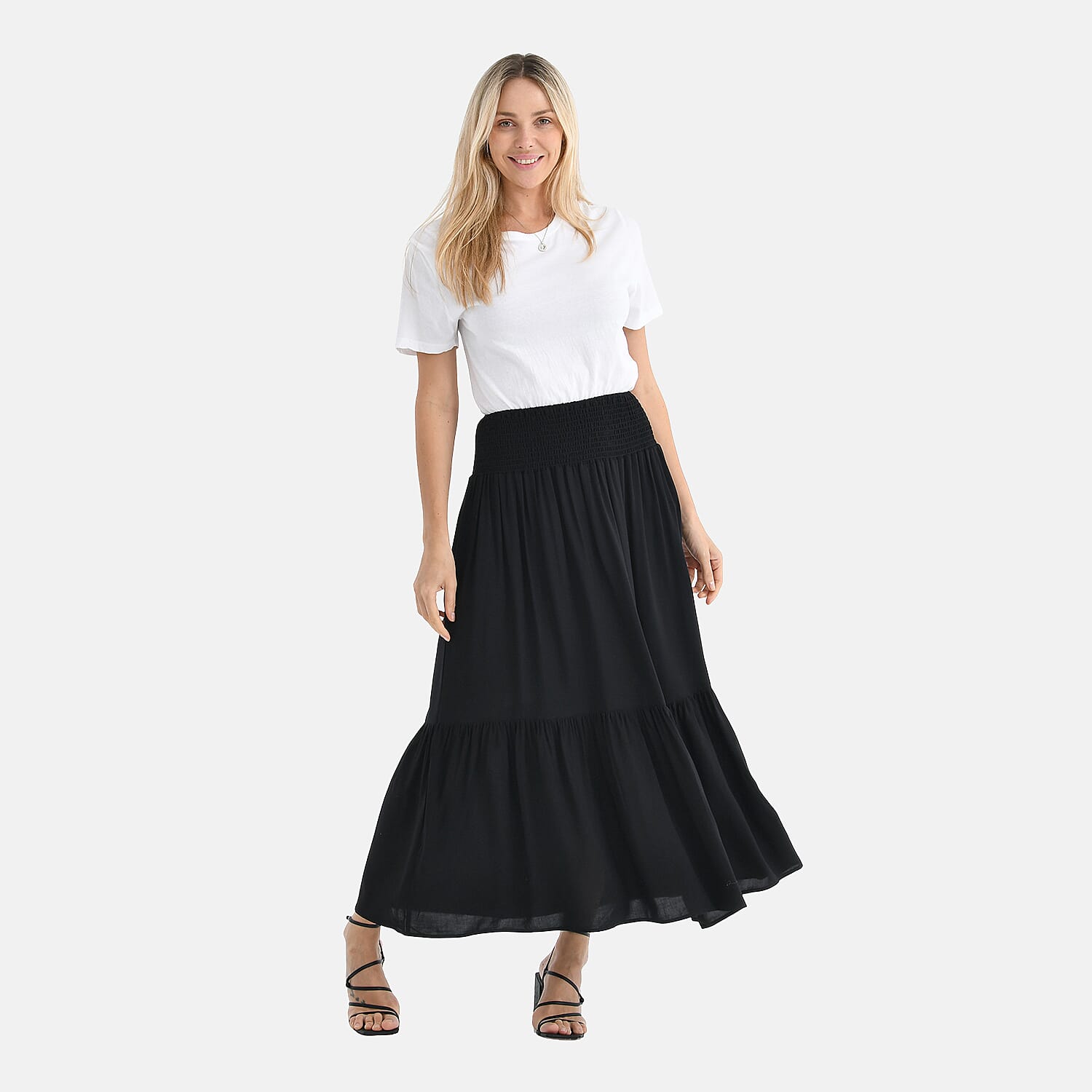 Tamsy 100% Viscose Elastic Waist Summer Maxi Skirts (One Size) - Black