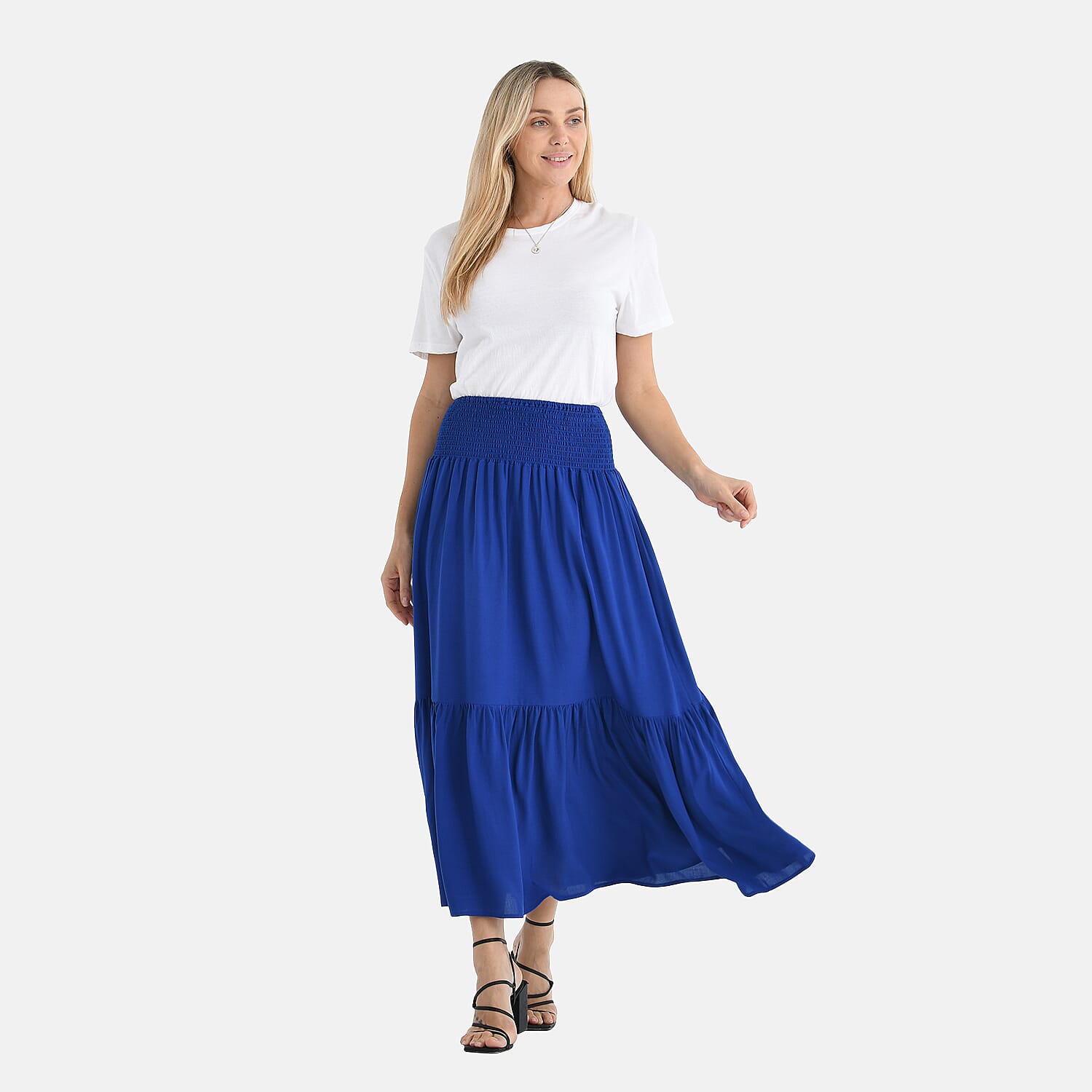 Tamsy 100% Viscose Elastic Waist Summer Maxi Skirts (One Size) - Blue