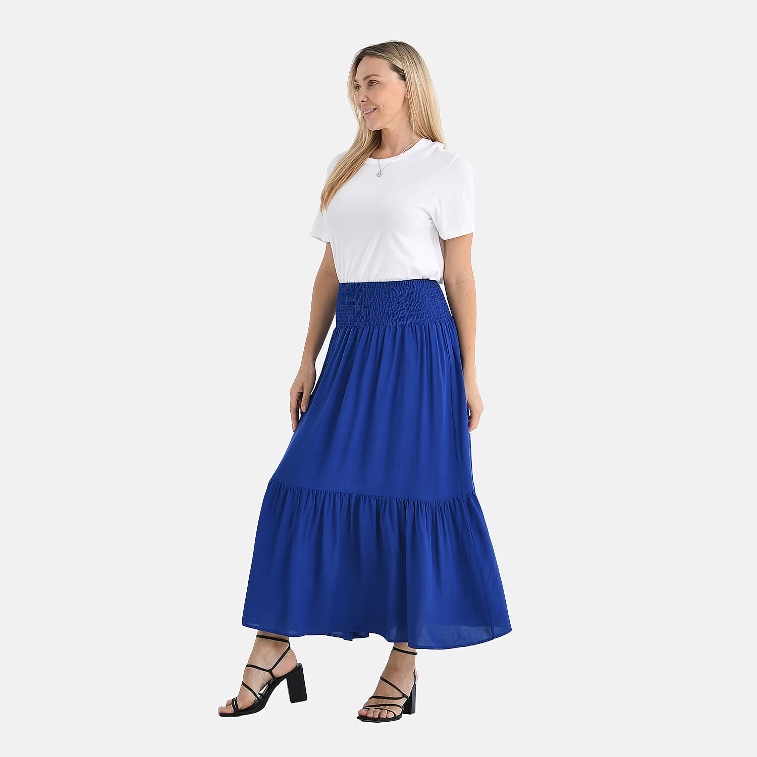 Tamsy 100% Viscose Elastic Waist Summer Maxi Skirts (One Size) - Blue