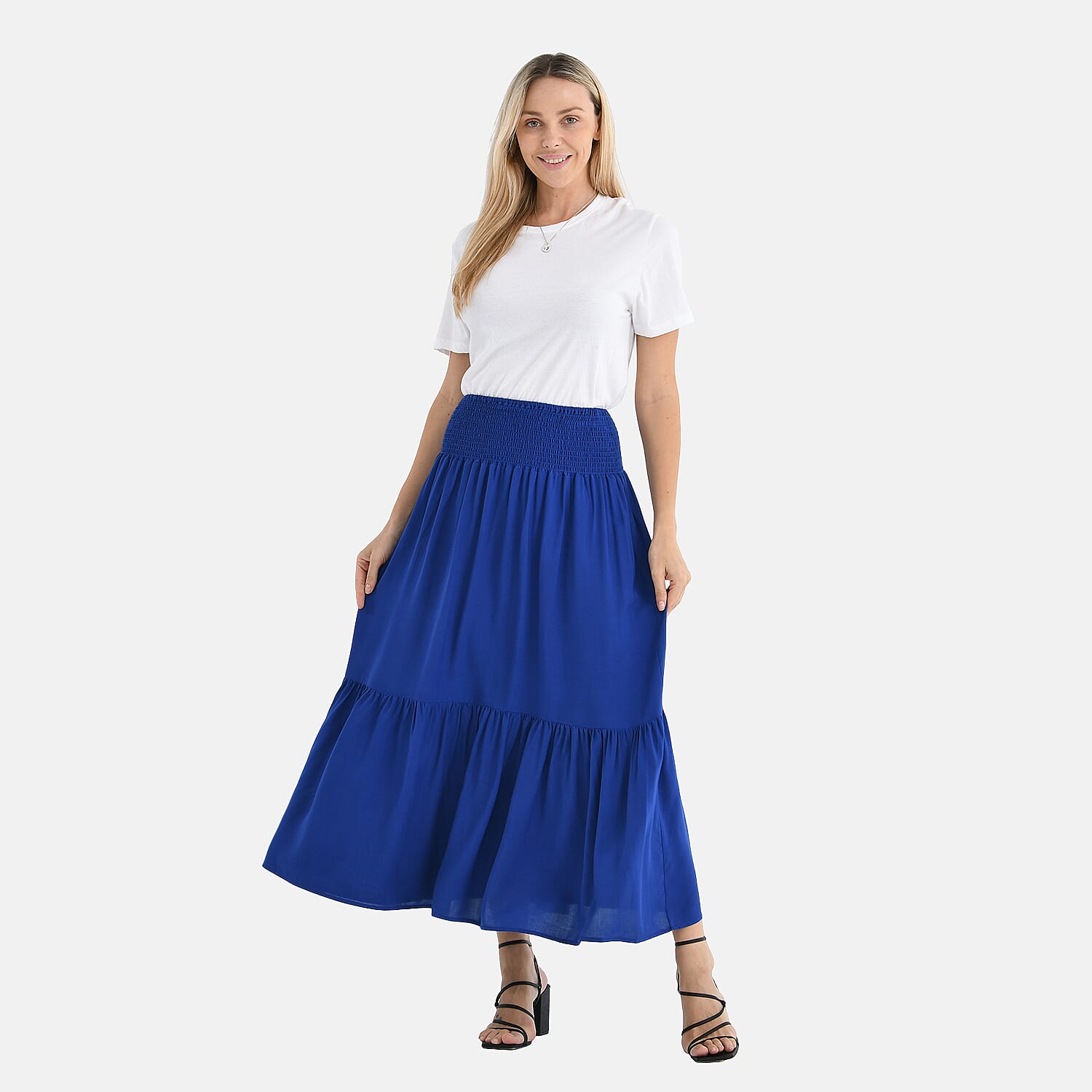 Tamsy 100% Viscose Elastic Waist Summer Maxi Skirts (One Size) - Blue