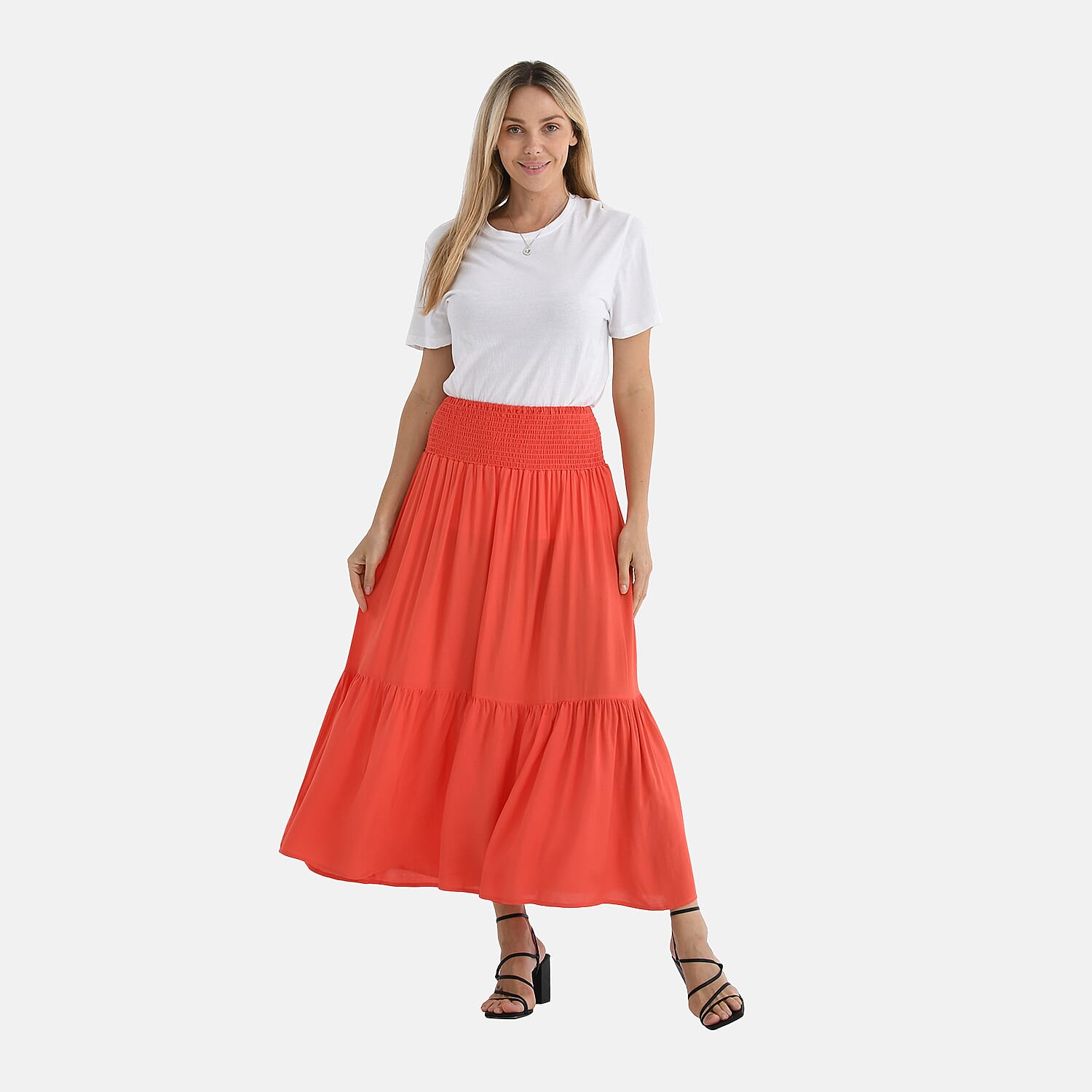 Tamsy 100% Viscose Elastic Waist Summer Maxi Skirts (One Size) - Coral