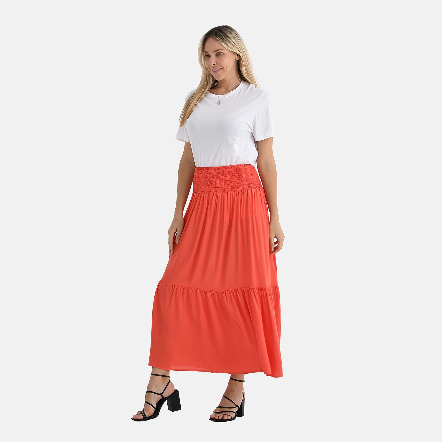 Tamsy 100% Viscose Elastic Waist Summer Maxi Skirts (One Size) - Coral