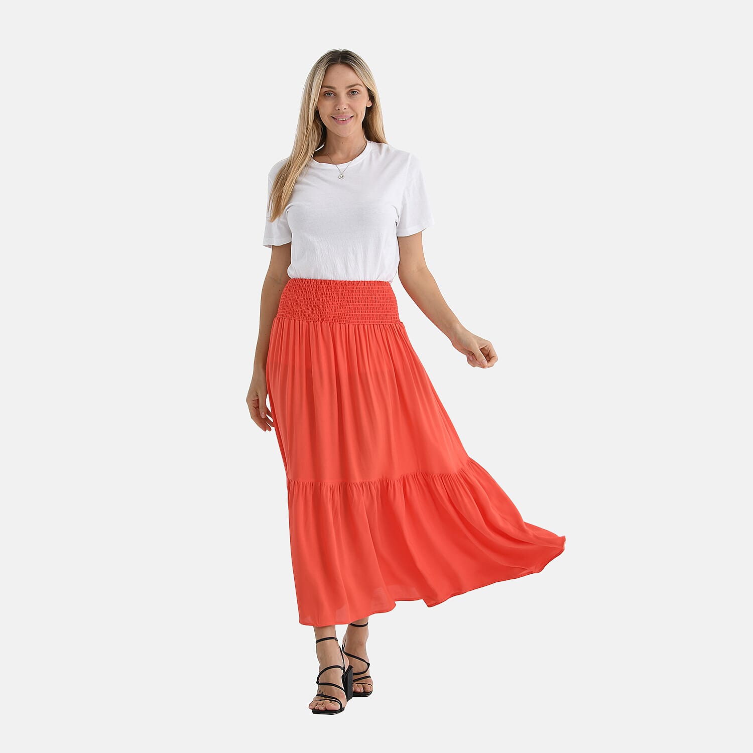 Tamsy 100% Viscose Elastic Waist Summer Maxi Skirts (One Size) - Coral