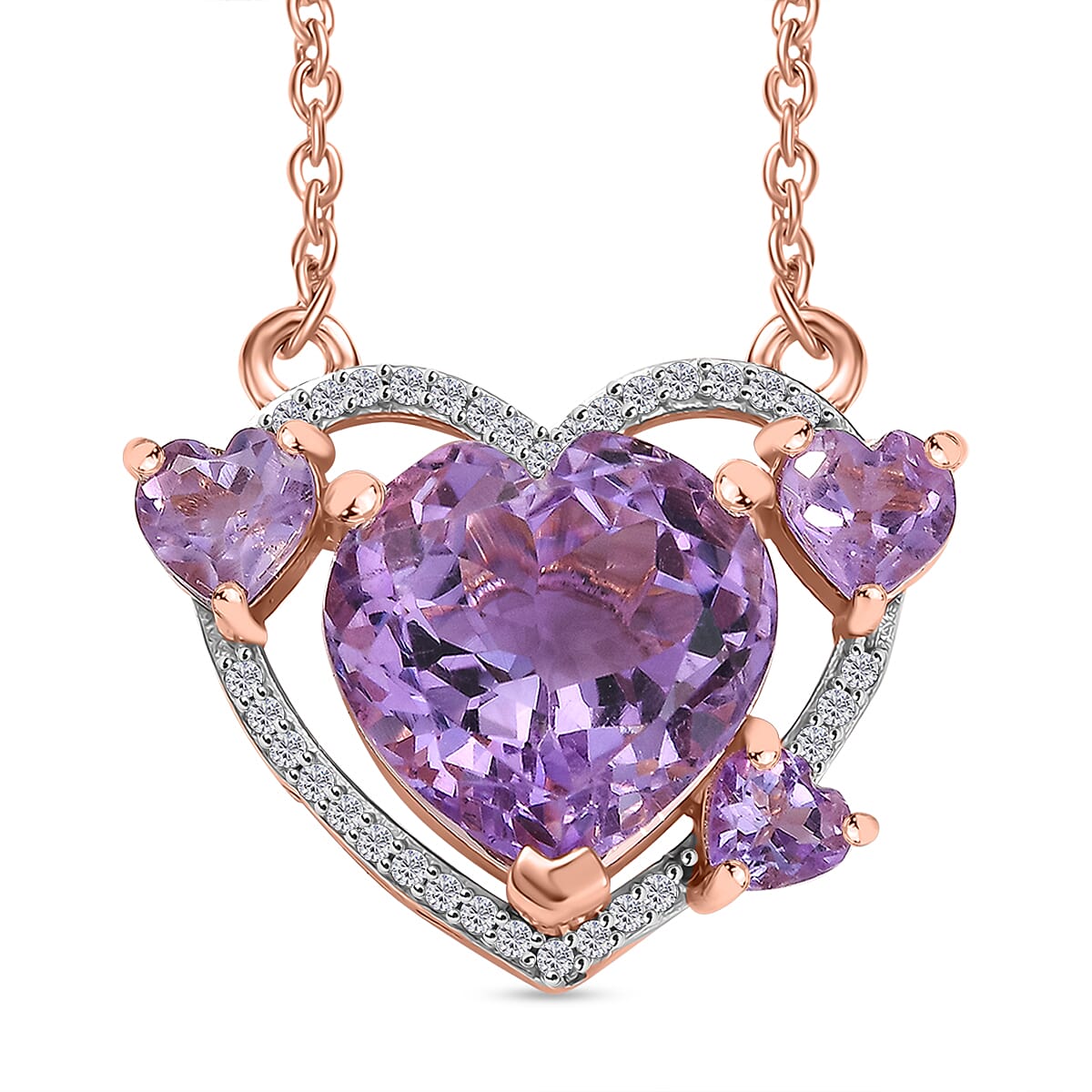 Pink Amethyst & White Zircon Necklace (Size - 20) in 18K Vermeil Rose Gold Plated Sterling Silver 7.04 Ct. Pink Amethyst & White Zircon Necklace (Size - 20) in 18K Vermeil Rose Gold Plated Sterling Silver 7.04 Ct.