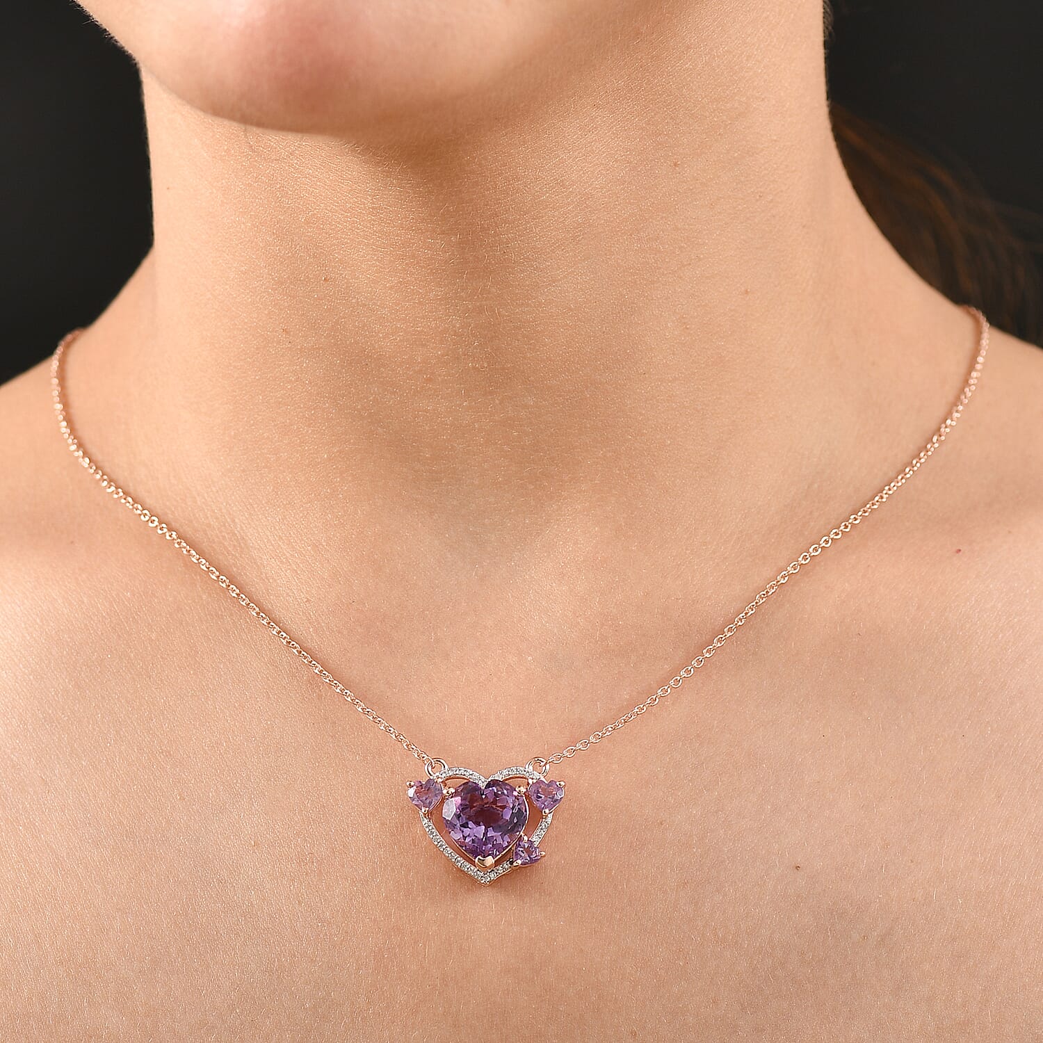 Pink Amethyst & White Zircon Necklace (Size - 20) in 18K Vermeil Rose Gold Plated Sterling Silver 7.04 Ct. Pink Amethyst & White Zircon Necklace (Size - 20) in 18K Vermeil Rose Gold Plated Sterling Silver 7.04 Ct.