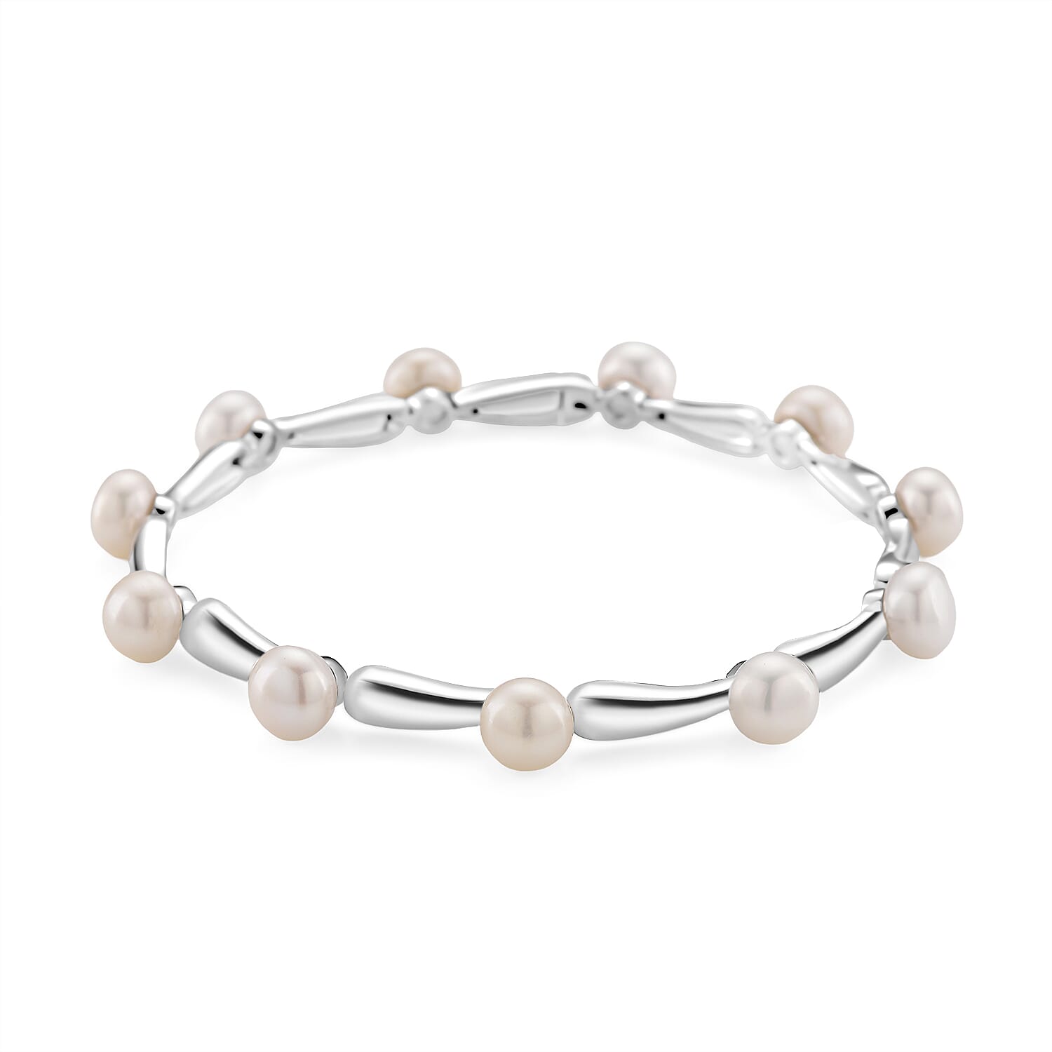 Lucy Q Pearl Drop Collection - White Fresh Water Pearl Bracelet (Size - 7) in Rhodium Overlay Sterling Silver 30.00 Ct, Silver Wt.14.60 Gms.