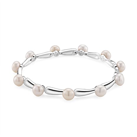 Lucy Q Pearl Drop Collection - White Fresh Water Pearl Bracelet (Size - 7) in Rhodium Overlay Sterling Silver 30.00 Ct, Silver Wt.14.60 Gms.